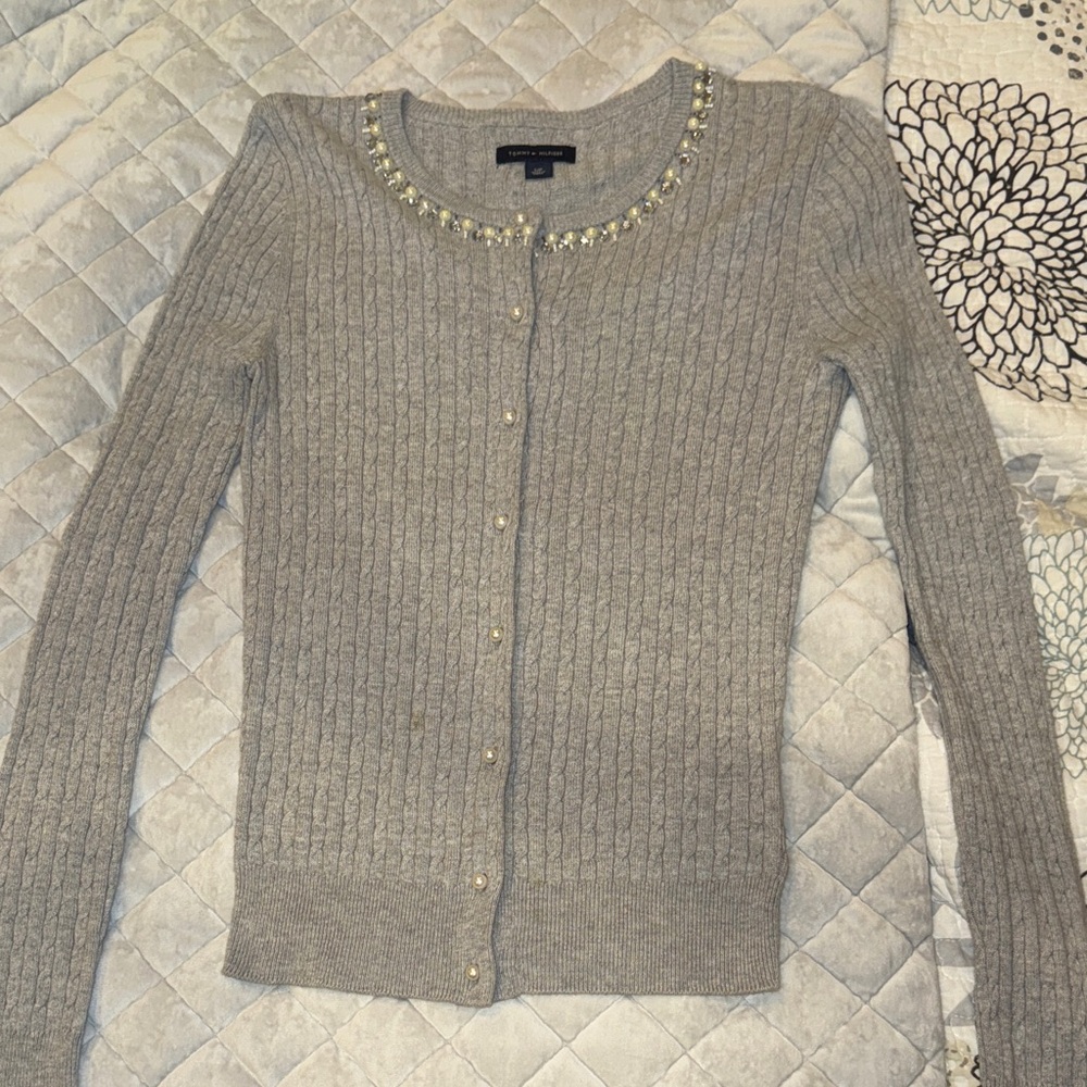 Tommy Hilfiger Gray Women's Cardigan with Beaded Neckline